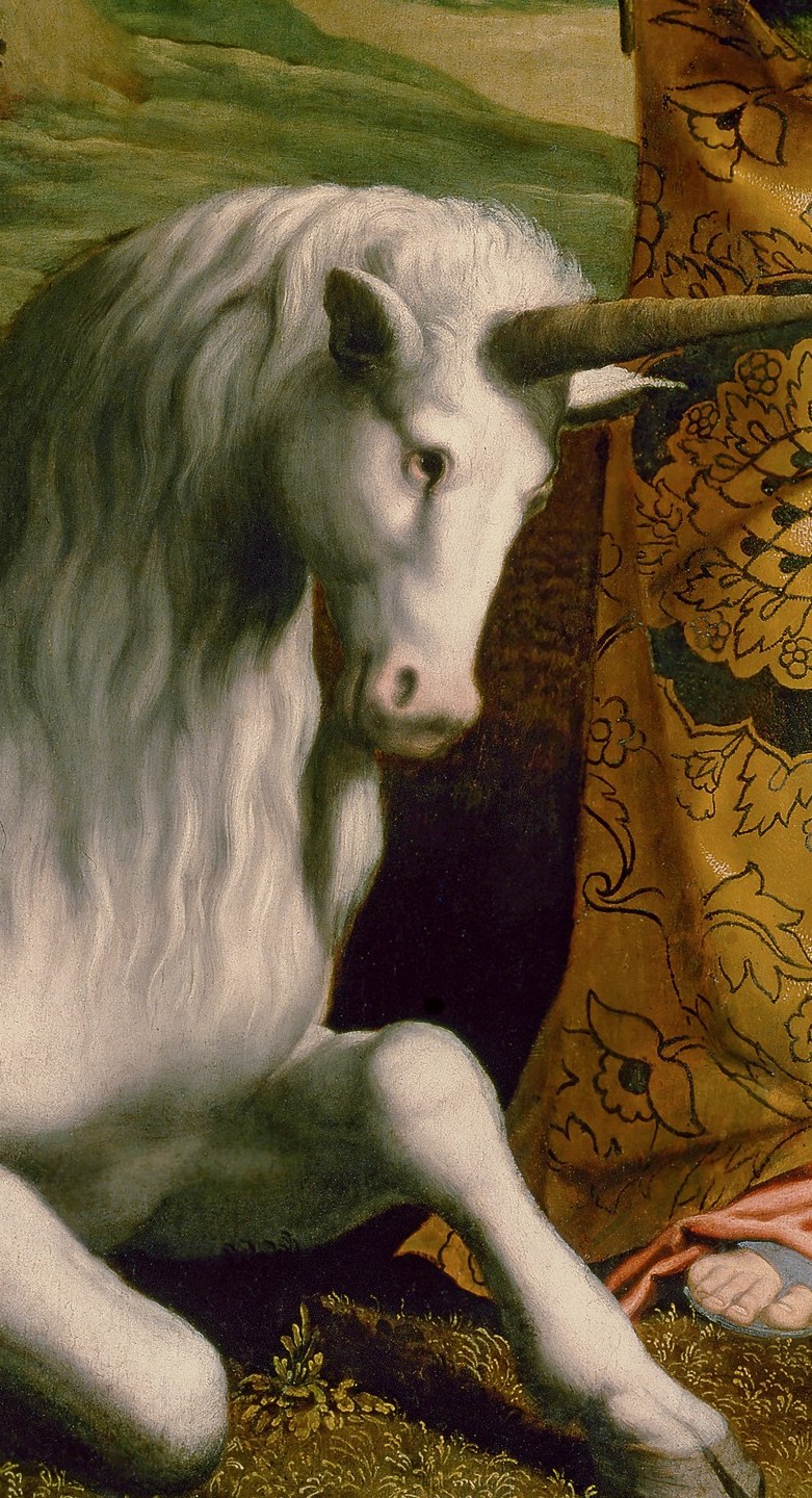 Its pristine white coat and single horn symbolize purity and Christ, a key element of the iconography.