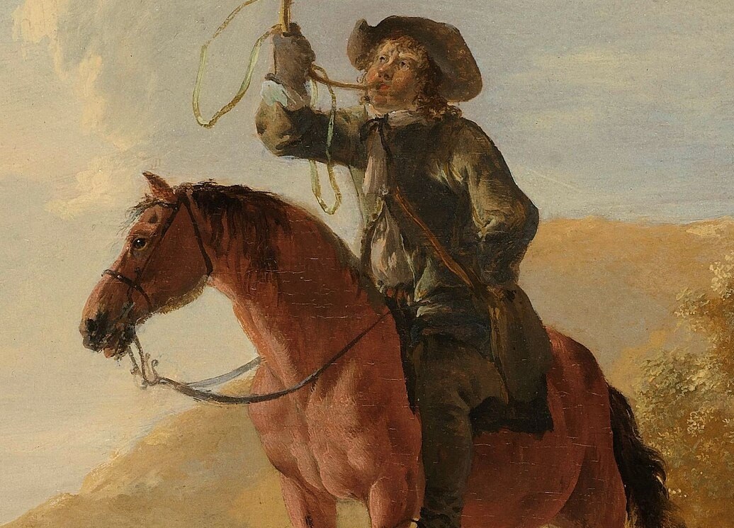 A hunter sounds his horn across the clearing.