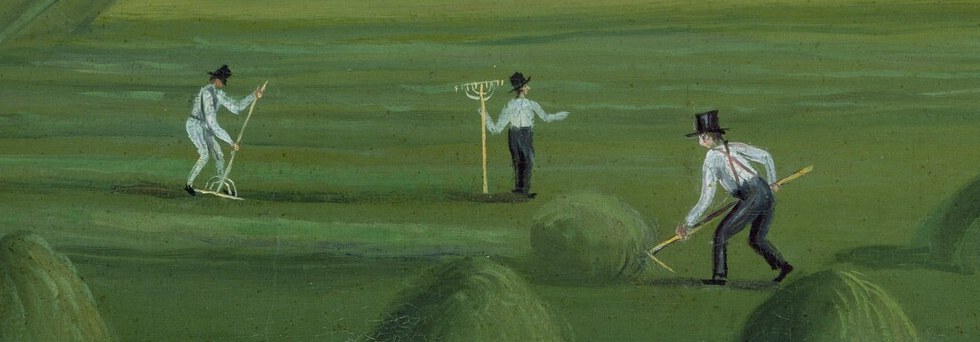 Notice the scythes, showing how haymaking once happened.