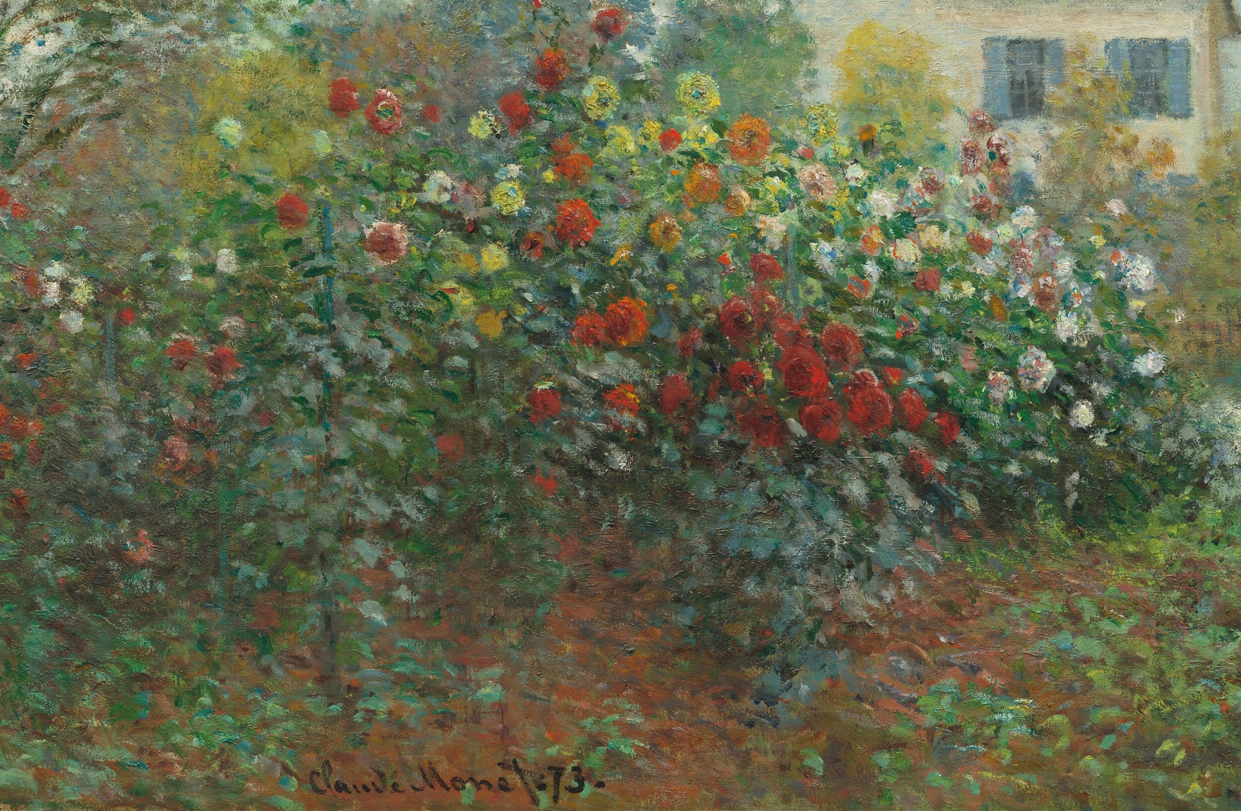 The compositional engine of the painting , loose, vivid brushstrokes in red, orange, pink, and white render the blooms with trembling vitality; close inspection dissolves into pure paint.