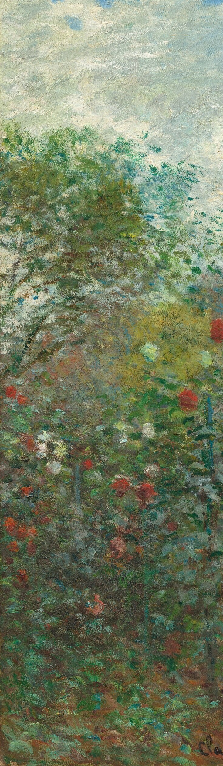 Monet uses this massive vertical form to frame the garden; its rough bark is rendered with confident dark strokes that contrast sharply with the floral brightness beside it.
