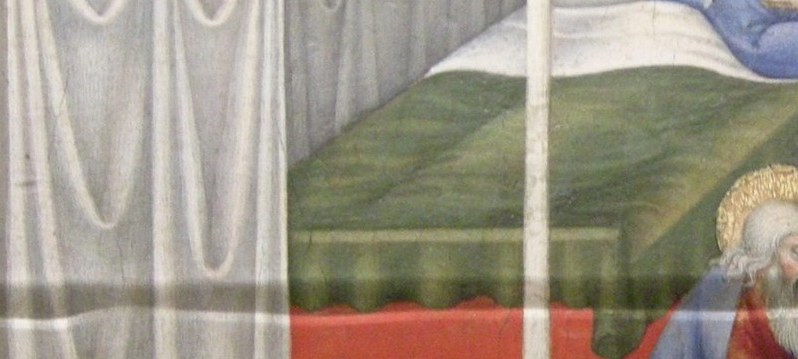 The bold stacked textile colors showcase Sano di Pietro's Sienese decorative sensibility; the rich fabrics signal Elizabeth's honored status while surrounding the miracle in vivid material warmth.