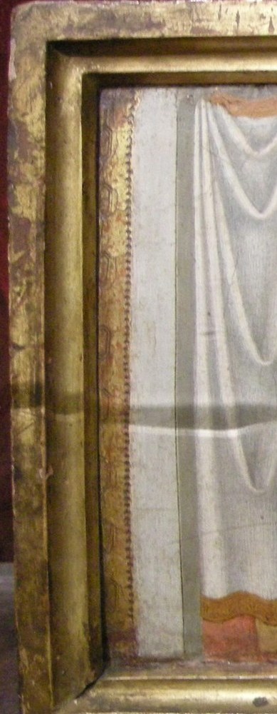 A suspended white cloth screens the left edge , a conventional birth-chamber marker in 15th-century Italian painting that signals the sanctified domestic space and frames the composition's entrance.