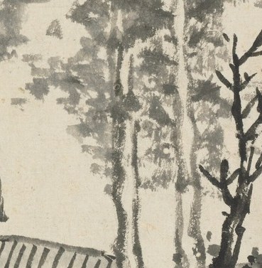 A lone man stands on a wooden bridge, brush in hand.