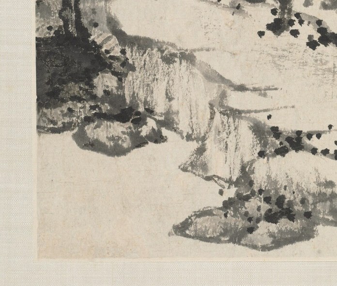 Foreground rocks are built with dry, scratchy brushwork. Two textures, one hand.