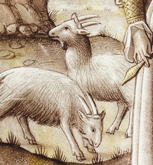 Their peaceful presence contrasts with the figure's potential authority, adding a pastoral element.