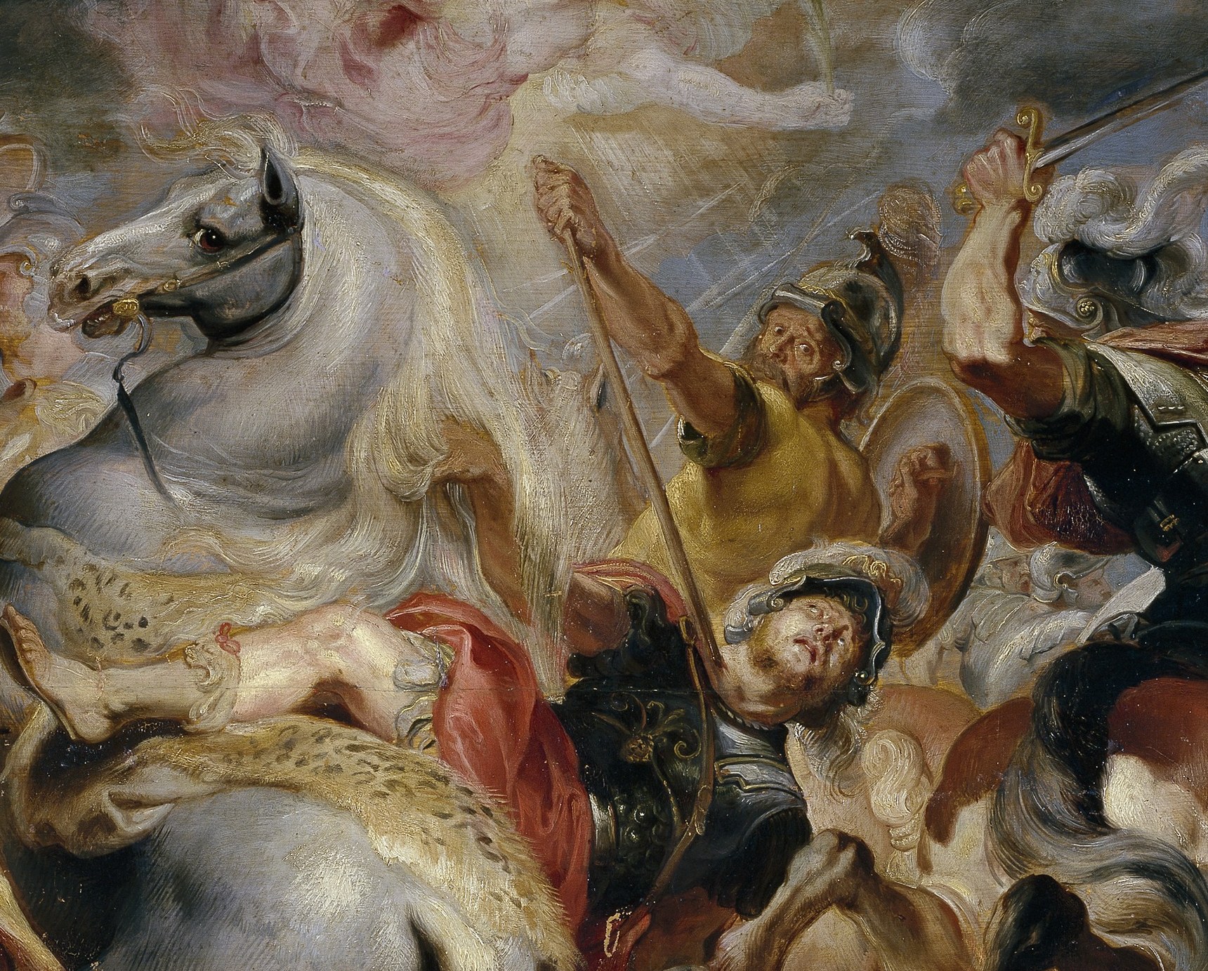 The Roman Consul Decius charges forward, trumpet in hand.