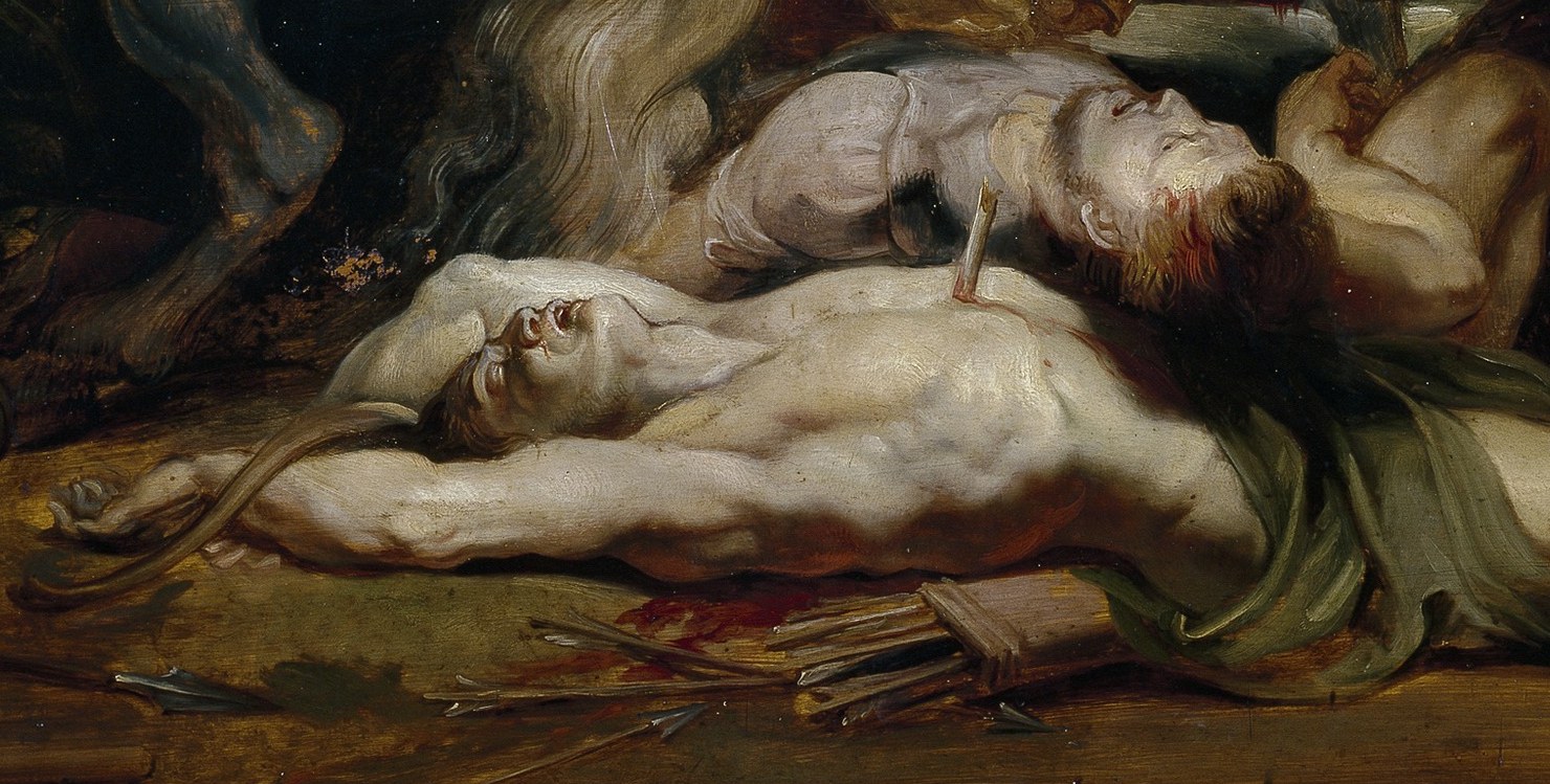 His pale, lifeless body contrasts with the chaos around him, emphasizing the brutal cost of war.