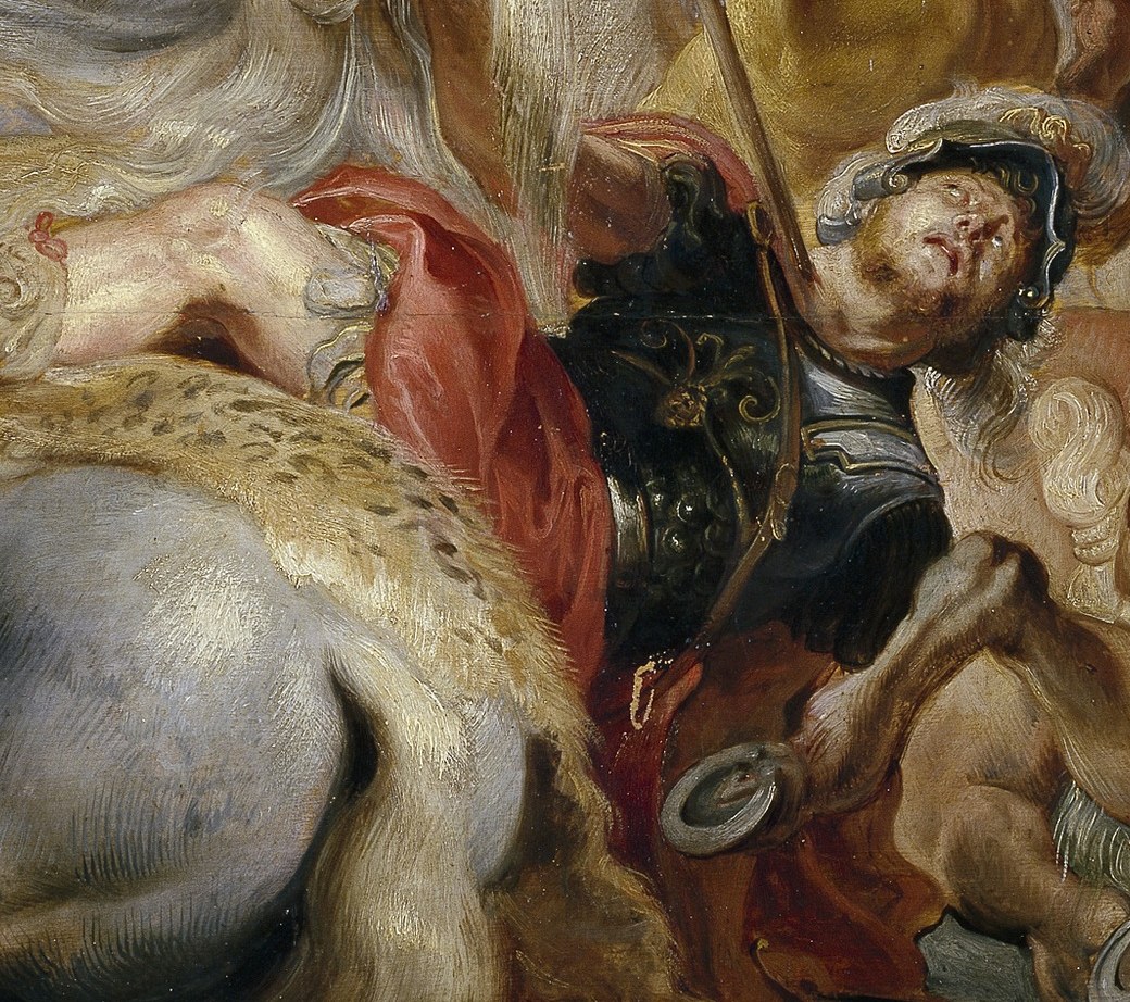 This figure's contorted body and desperate gesture highlight the overwhelming violence of the scene.