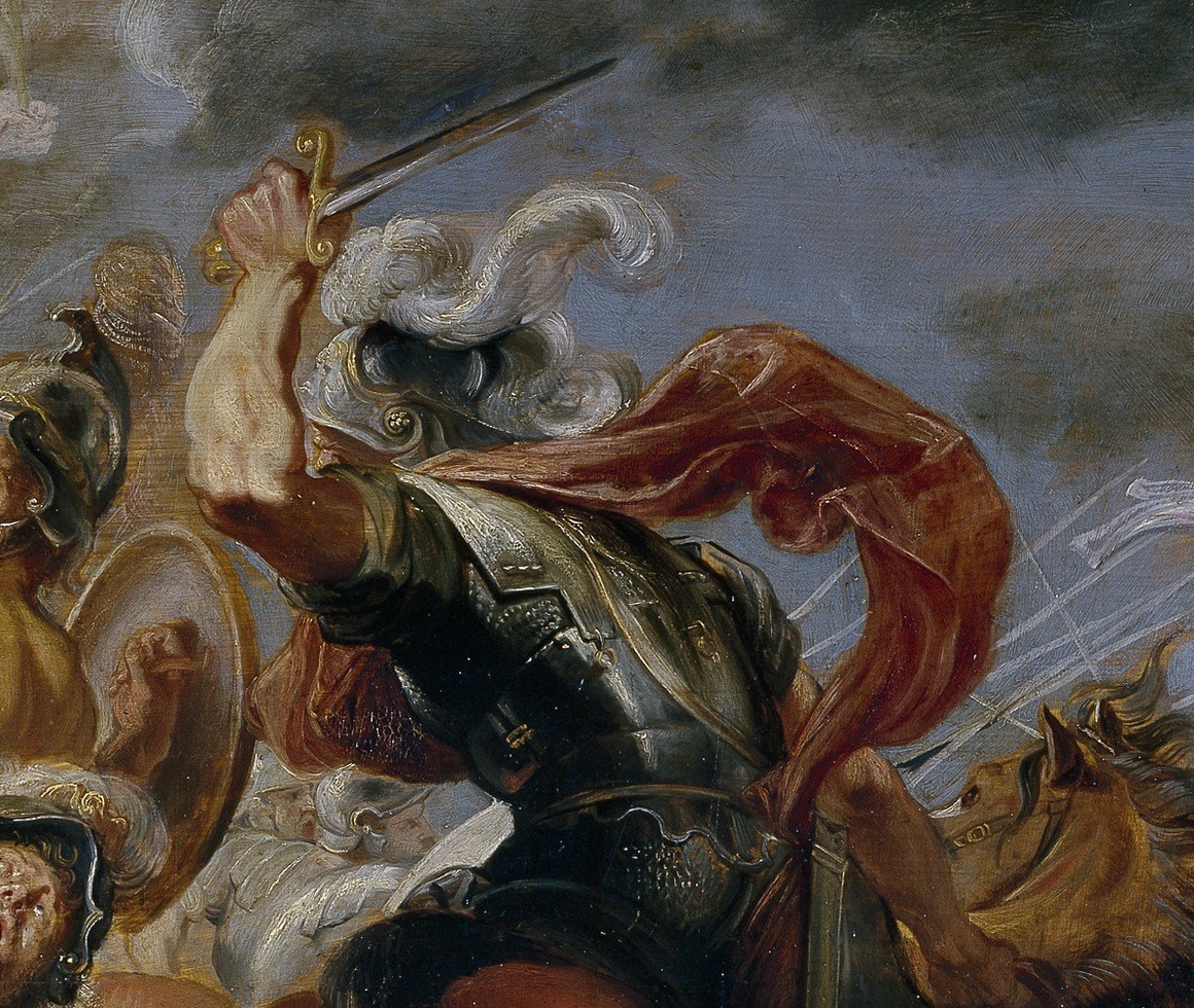 His aggressive stance and determined expression convey the ferocity of the battle.