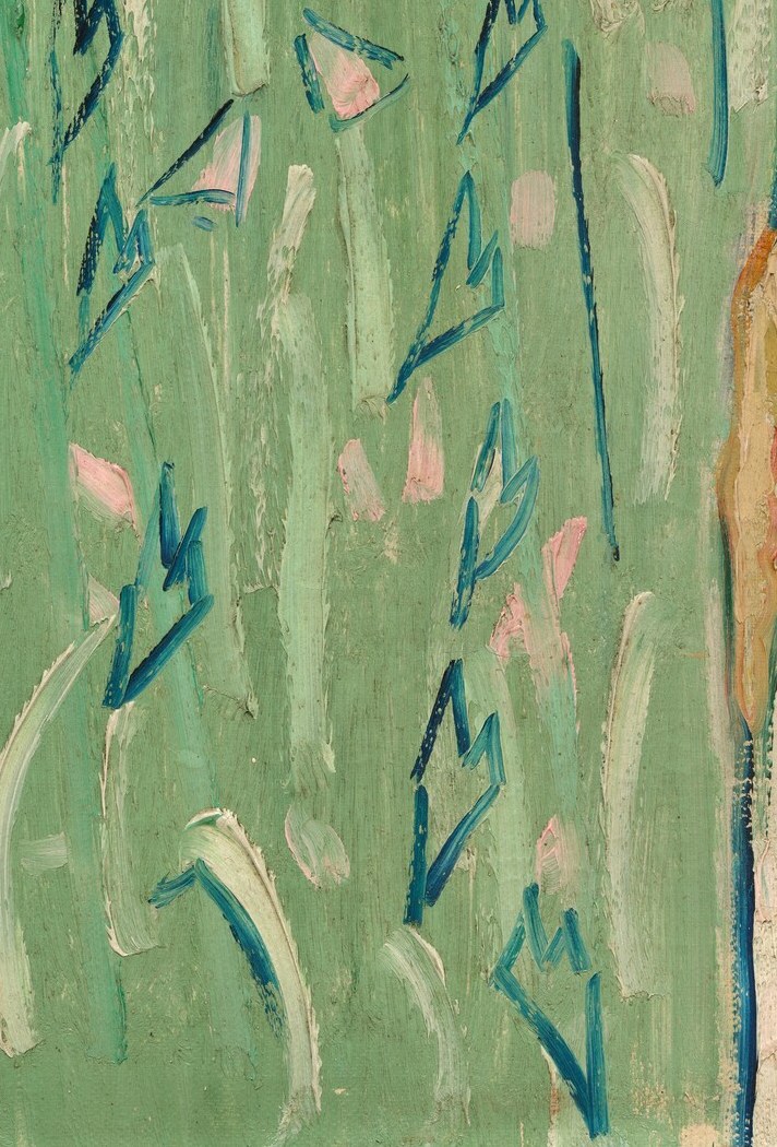 Hidden in the lower left, his signature blue marks remain.