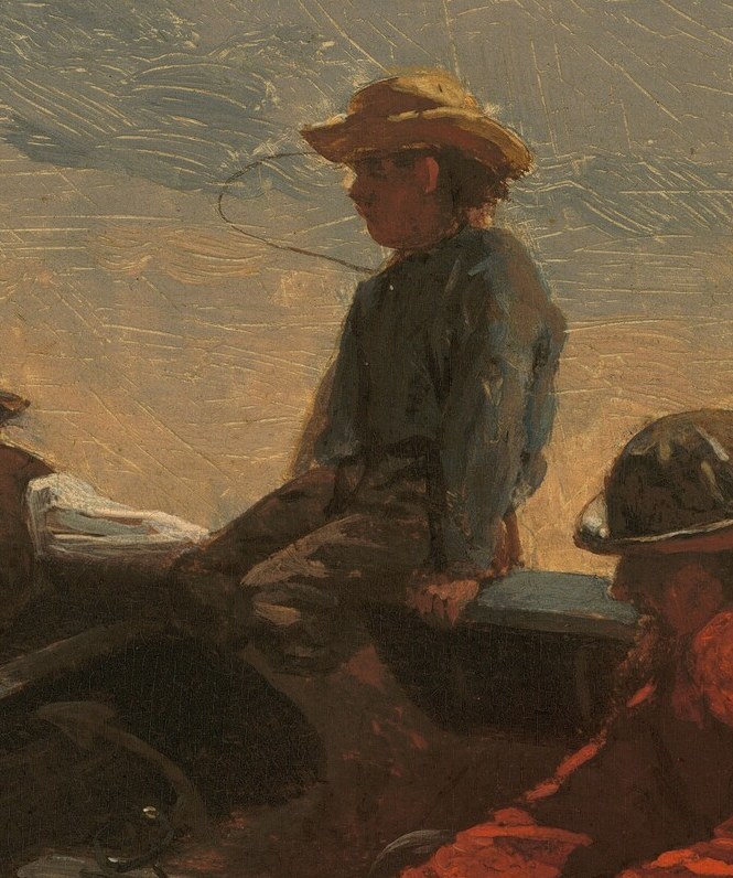 A quieter central figure that anchors the composition and creates a visual hierarchy among the passengers.