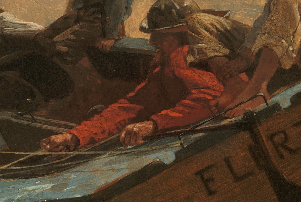 The leaning posture implies active engagement with the water or sailing, creating a narrative counterpoint to the woman's composed pose.