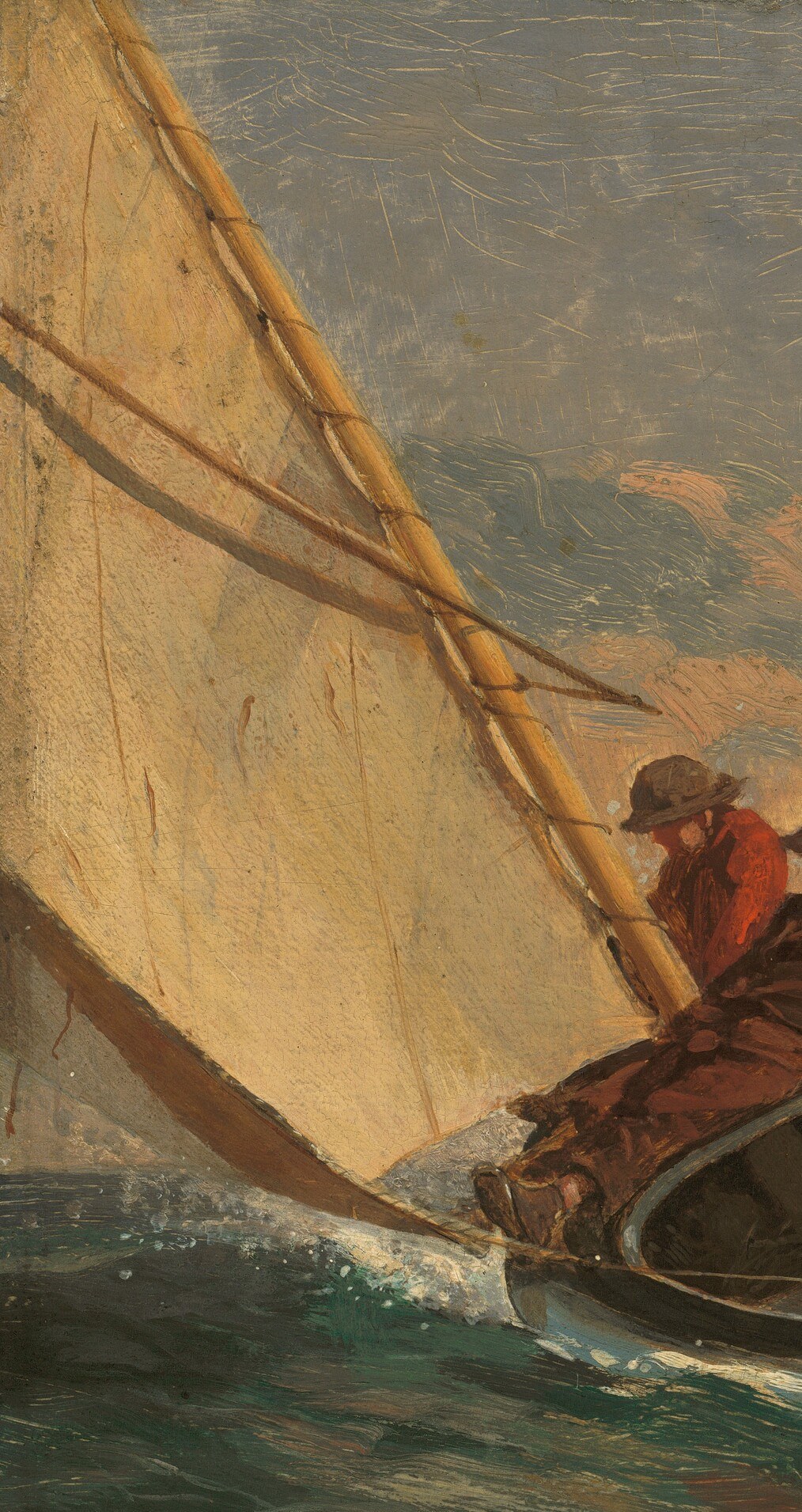 The sail's dramatic scale and diagonal thrust generate the painting's dynamic energy and sense of wind.