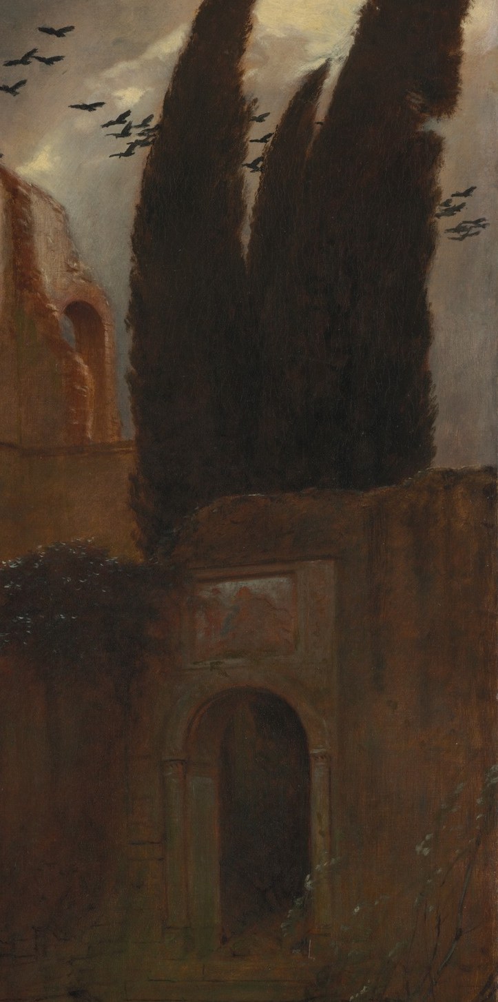 Their imposing, dark forms frame the ruin and add to the melancholic and dramatic atmosphere.