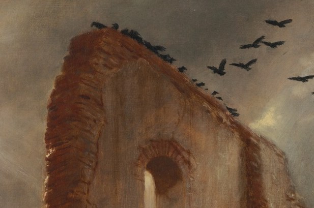 A flock of birds adds foreboding.
