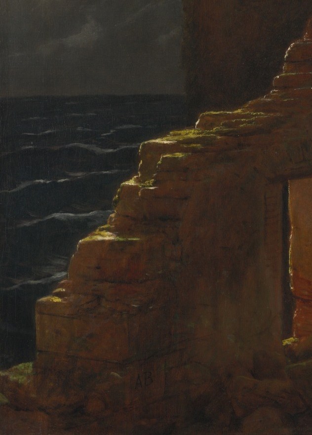 The turbulent sea suggests unease.