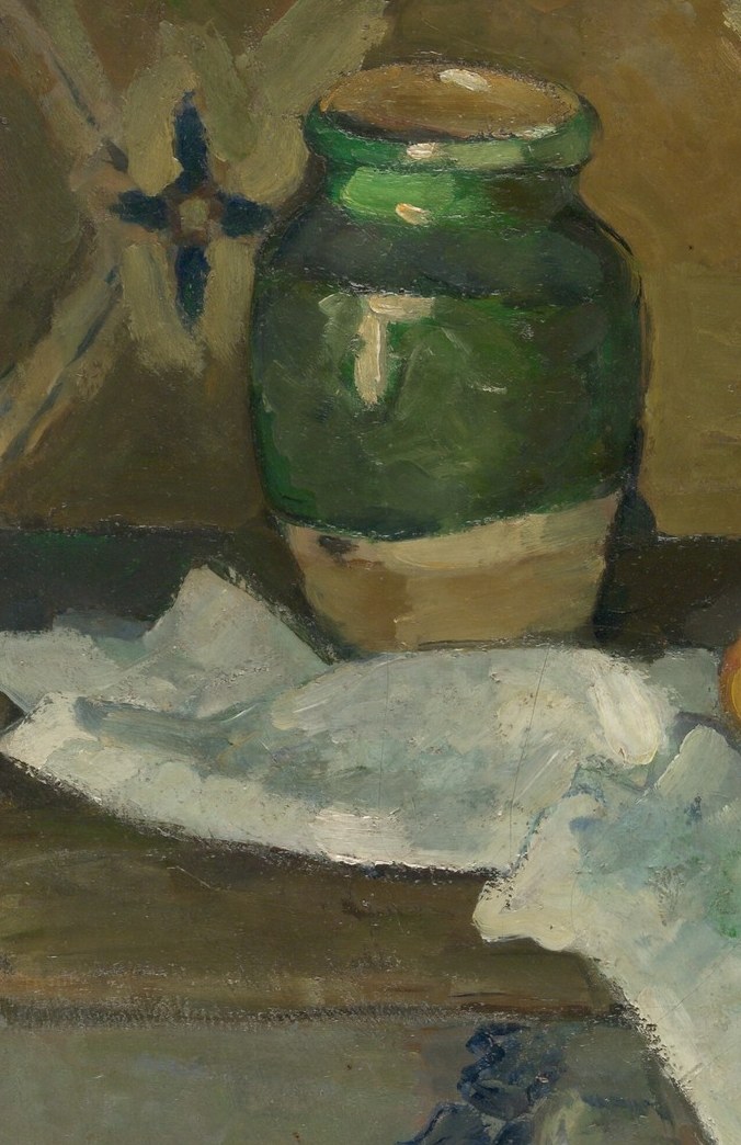 The richly mottled green glaze and rounded shoulder exemplify Cézanne's method of building solid form through layered color rather than shadow; the jar anchors the whole left side of the composition.