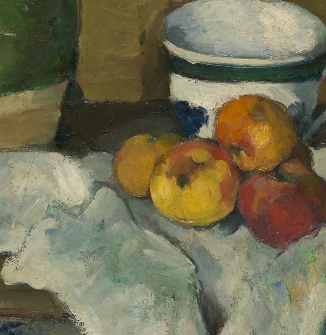 Cézanne broke perspective on purpose so you could see the apples from above and straight on at once.