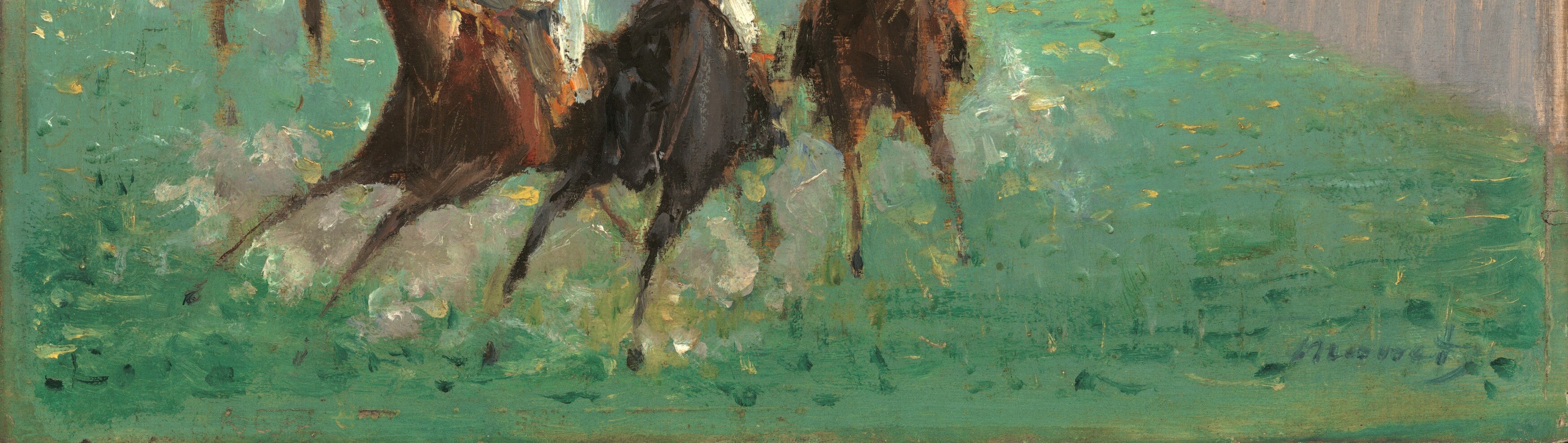 The varied green tones and brushstrokes give a lively, textured feel to the ground.