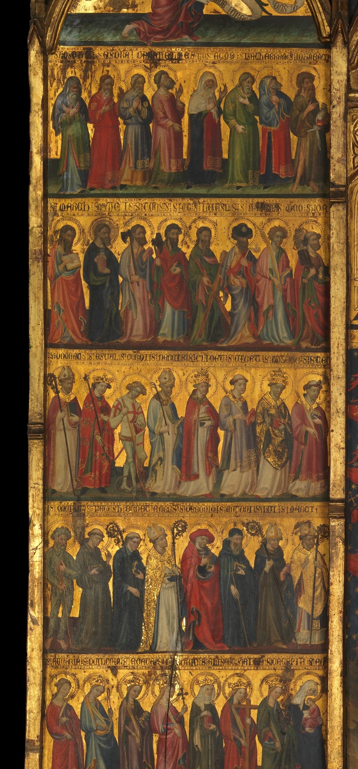 Systematic catalog of the heavenly host by category , likely apostles, martyrs, virgins, confessors in separate rows , a medieval encyclopedia of sanctity