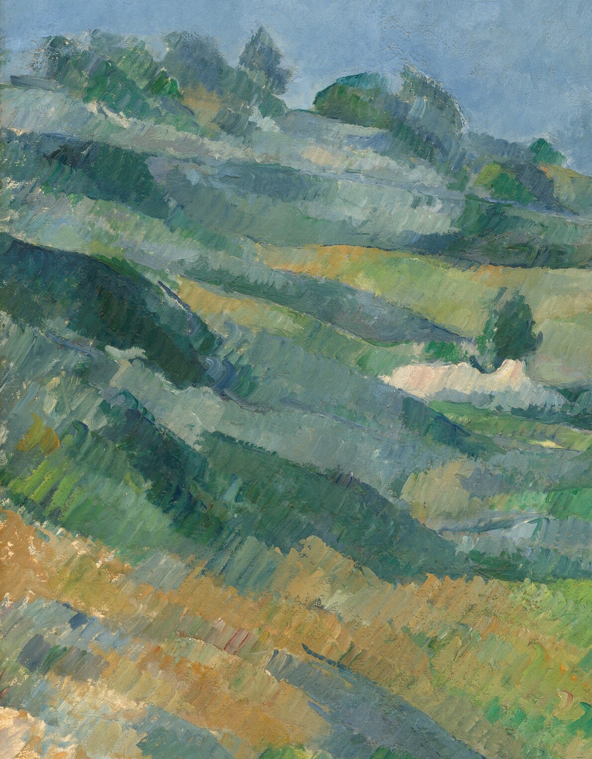 Directional diagonal strokes build the hillside as a tilted plane; this passage shows proto-Cubist faceting , each stroke is a facet, not a leaf.