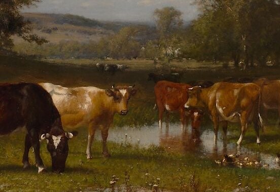 Multiple animals at different angles drinking and standing; layered forms create depth and a sense of quiet routine