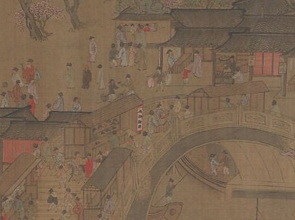 Dozens of stall fronts, signboards, and awnings compressed into a single band , a documentary inventory of Song-era commercial life