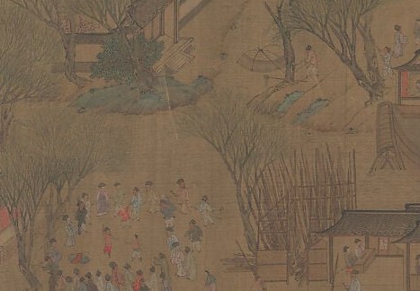 Open water anchors the scroll's rhythm and contrasts the dense urban tissue; ripple texturing shows silk-painting technique at its most meditative