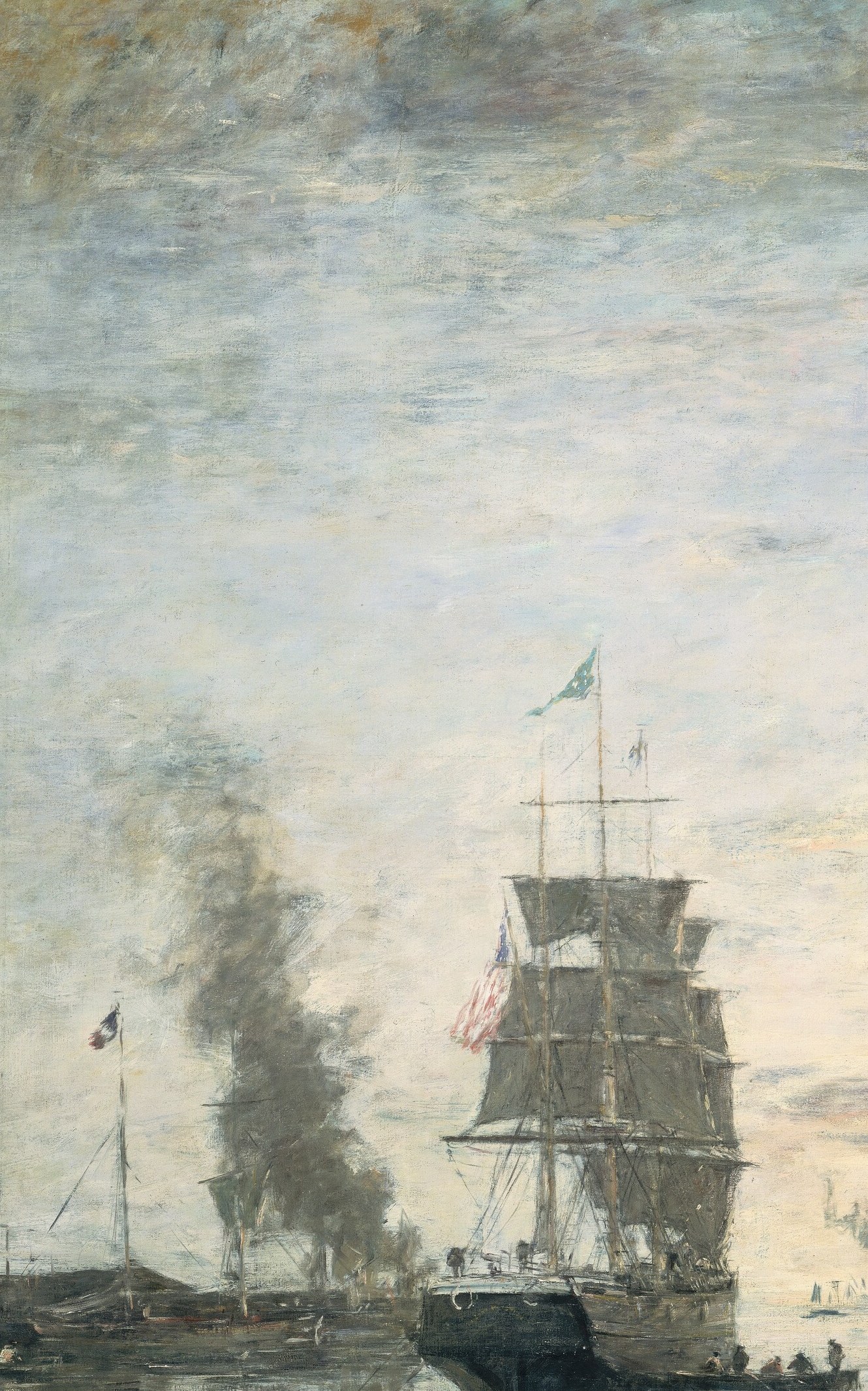 The dominant compositional anchor; its tall masts and rigging cut vertically through the pale sky, establishing scale and the era's sail-power aesthetic.