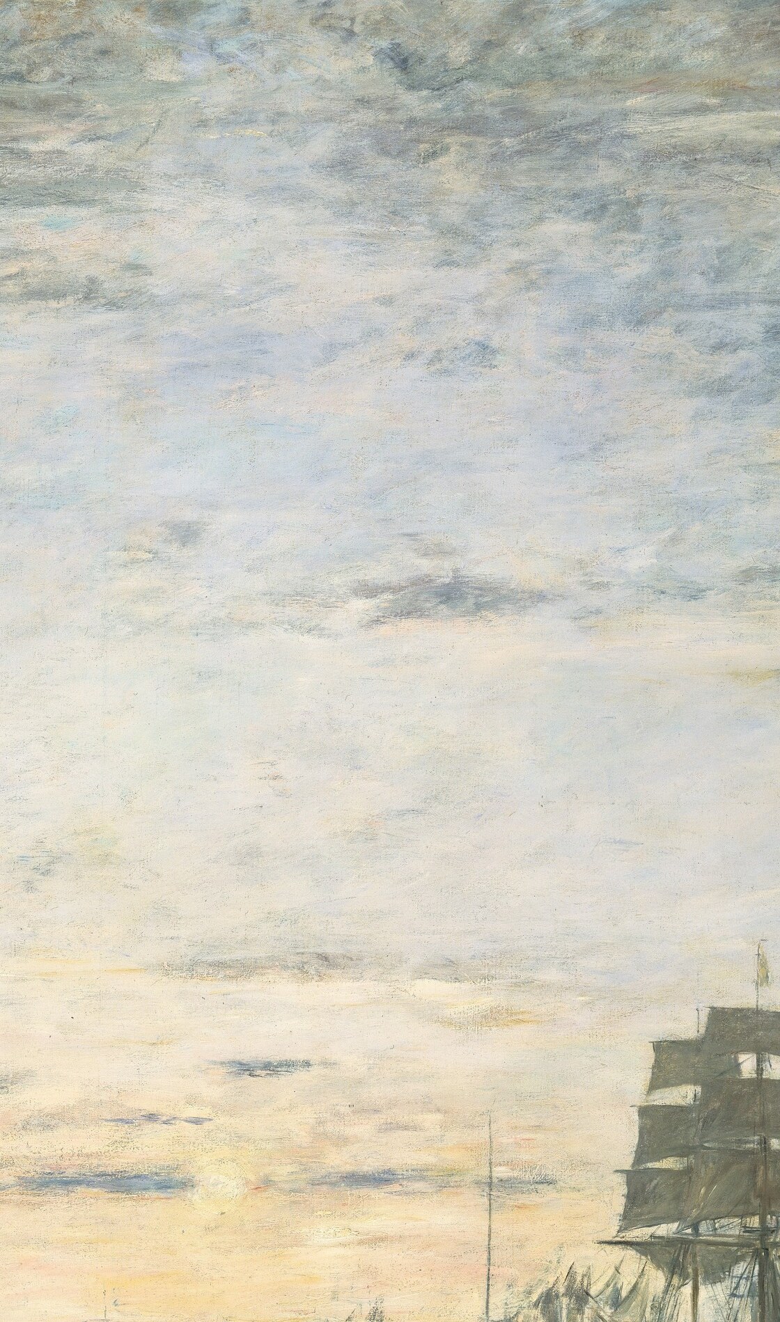 A visual counterweight to the left ship; its masts and spars form a skeletal silhouette against the luminous horizon, doubling the sense of a busy working harbor.