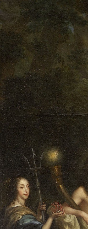 His mother, Anne of Austria, is seated in a plumed helmet.