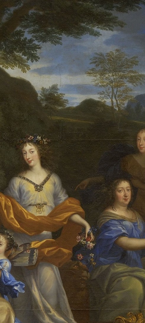 Positioned at the compositional axis with light-colored drapery that pulls the eye , a deliberate hierarchy signal; her placement suggests Marie-Thérèse or a major princess as a principal goddess.