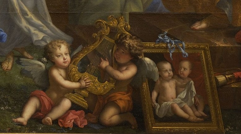 These kneeling and reclining cherubs invoke divine sanction for the dynasty; any objects they hold , wreaths, torches, flowers , decode which celestial virtue is being bestowed on the royal group above.