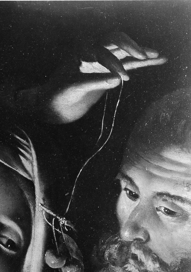 Far darker than Mary, his face only partially escapes the ground , a deliberate tonal hierarchy placing him as reverent witness rather than focal subject
