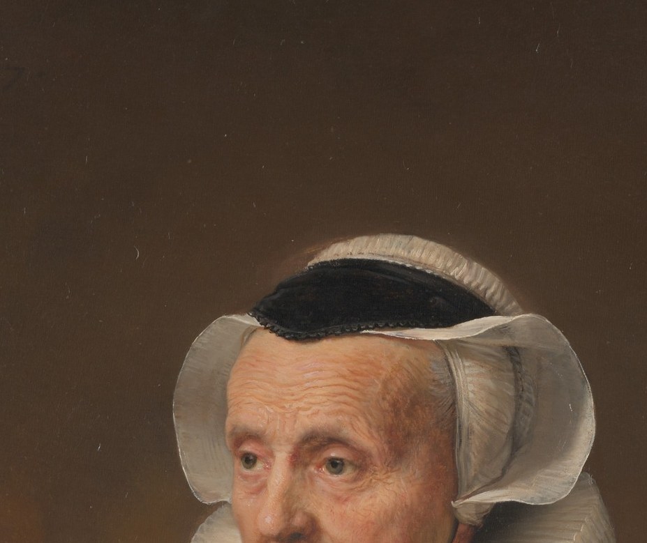 The emotional center of the painting; weathered skin, direct gaze, and barely-visible upward curve at the mouth balance severity with warmth , Backer's signature psychological depth
