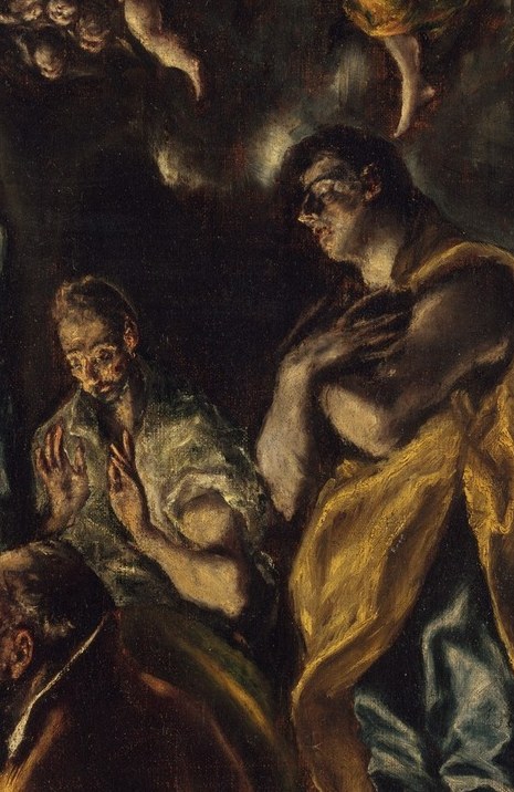 Weathered face and grey beard anchor the earthly human response to the divine; possibly Joseph, possibly the lead shepherd , the ambiguity is deliberate.