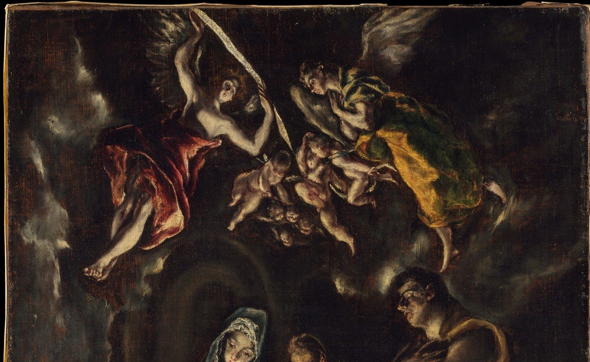 El Greco's signature late-style device: celestial figures lose their edges into turbulent dark cloud, collapsing the boundary between heaven and matter.