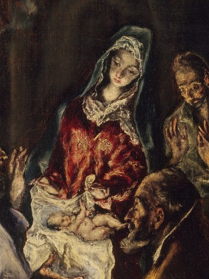 Downward gaze and slightly parted lips encode tender devotion; El Greco's characteristic elongation makes her simultaneously otherworldly and maternal.