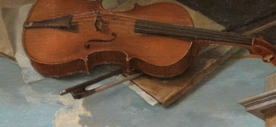 Represents the art of music, a central theme of the painting.