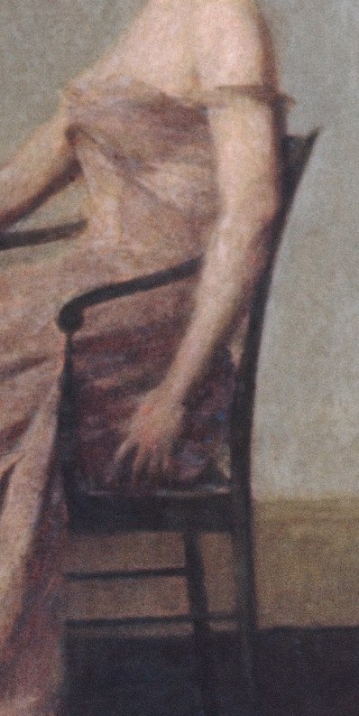 The chair's simple form supports the figure without distracting from her.