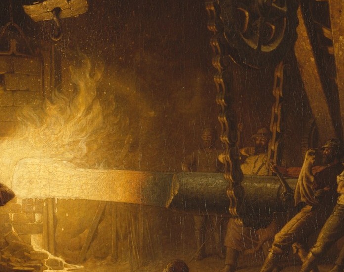 The primary light source of the entire composition; its fierce glow organizes every other element and conveys the furnace's terrifying heat