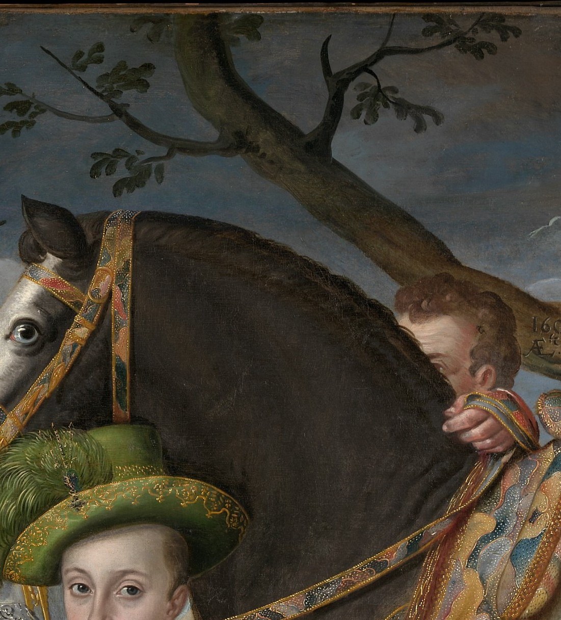 The horse looms behind the prince, conferring equestrian authority; the gilded bridle hardware signals costly outfitting appropriate to a royal hunt
