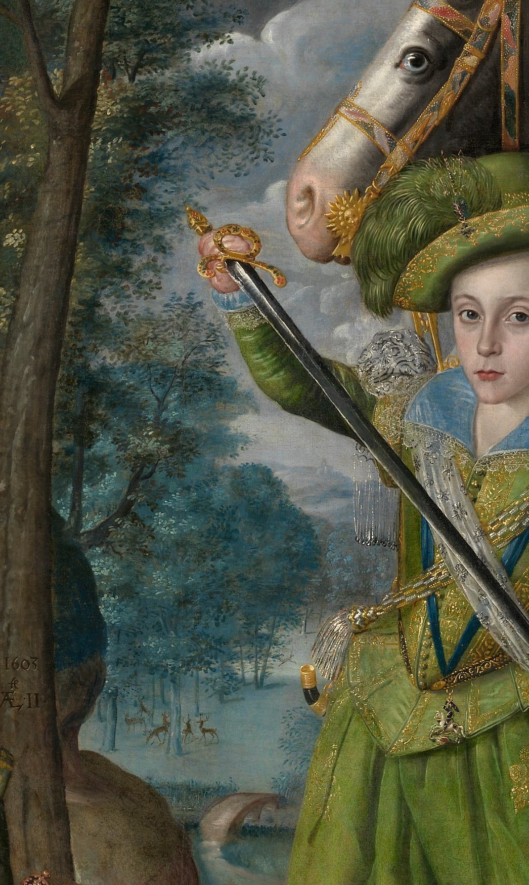 Gold thread embroidery on vivid green signals royal wealth; the doublet's surface texture is among the most technically elaborate passages in the paint