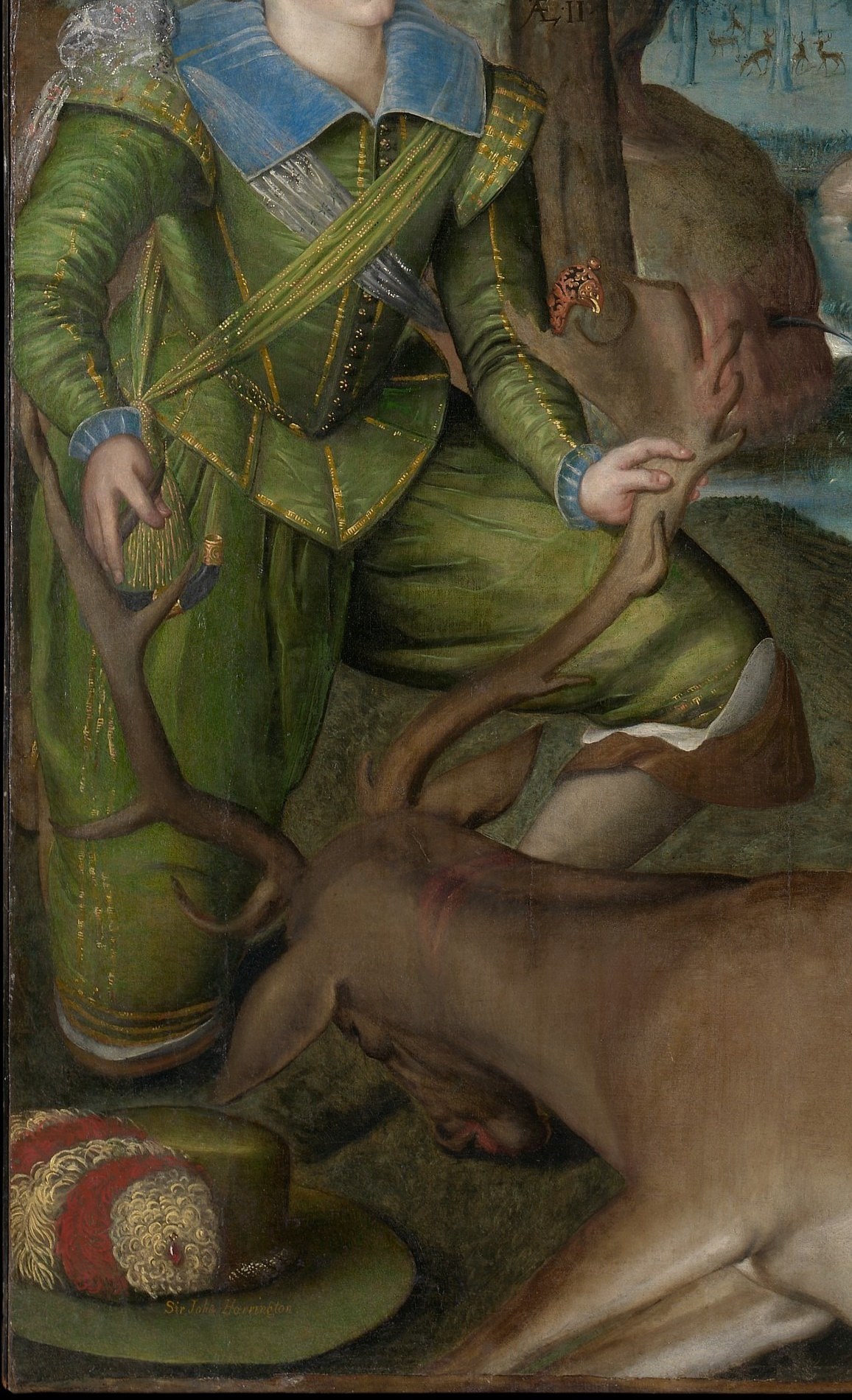 The trophy animal anchors the hunting theme; its prone posture beneath the kneeling boy reads as the quarry surrendering to noble authority