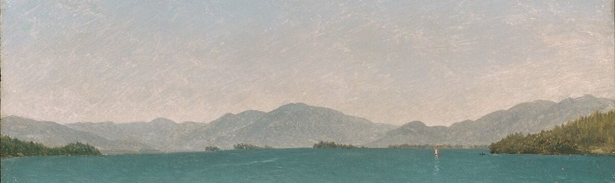 Kensett's signature Luminism effect , the mountains dissolve in atmospheric haze, demonstrating how American Luminists used recession of color to suggest infinite space.