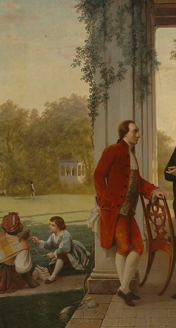 His casual lean against the column and raised hand suggest animated conversation; the contrast with Washington's upright bearing implies the younger man's deference.