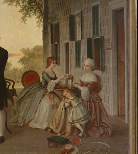 The domestic counterpoint to the political conversation; Martha's sewing basket and the reading figure beside her code Mount Vernon as a genteel household, not a battlefield.