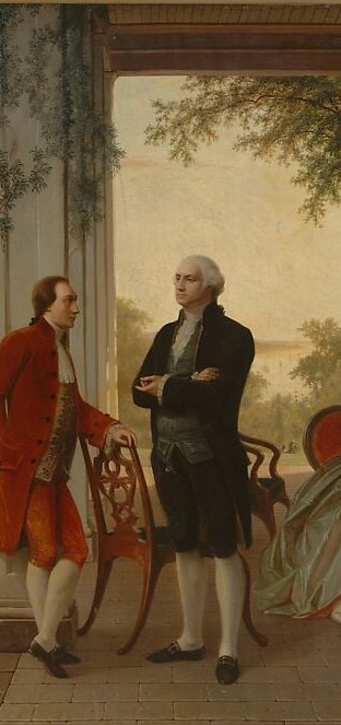 The compositional anchor , Washington's erect posture and dark clothing signal the dignified private citizen, no longer general; his relaxed stance contrasts with martial portraits of him.
