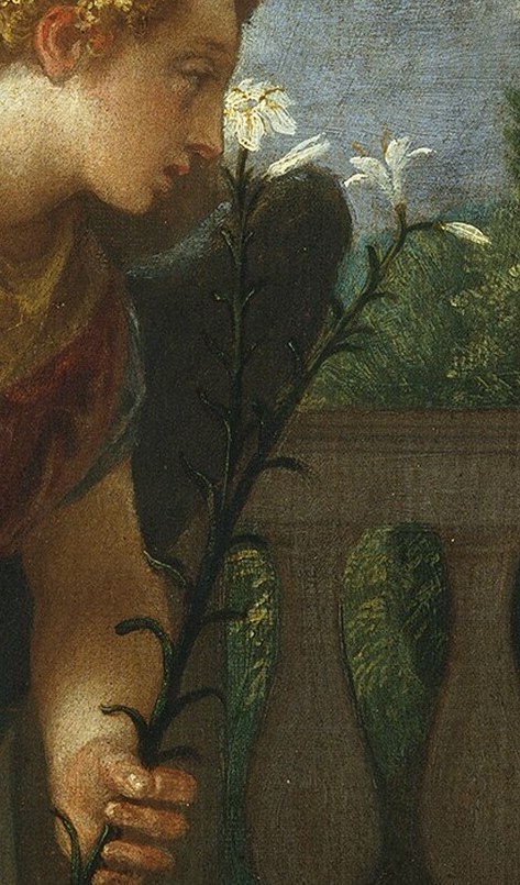 His lily, a symbol of purity, reaches Mary.